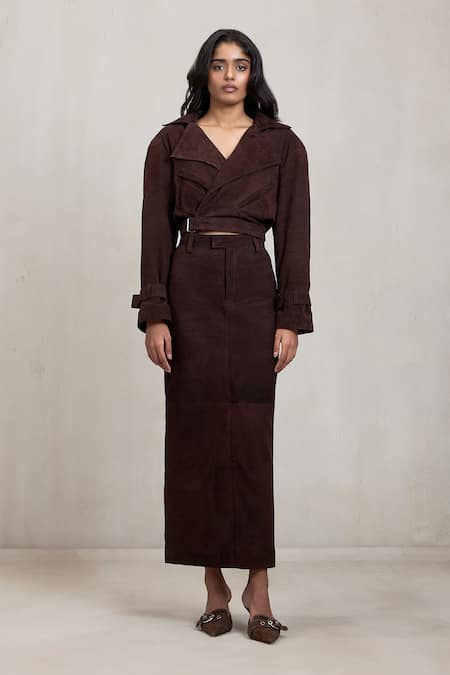 Buy Deme By Gabriella Brown Suede V-neck Alexis Wrap Maxi Dress Online at Aza Fashions Buy_Deme By Gabriella_Brown Suede V-neck Alexis Wrap Maxi Dress _Online_at_Aza_Fashions