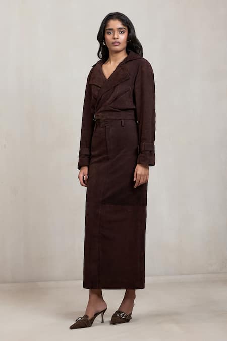 Shop Deme By Gabriella Brown Suede V-neck Alexis Wrap Maxi Dress Online at Aza Fashions Shop_Deme By Gabriella_Brown Suede V-neck Alexis Wrap Maxi Dress _Online_at_Aza_Fashions