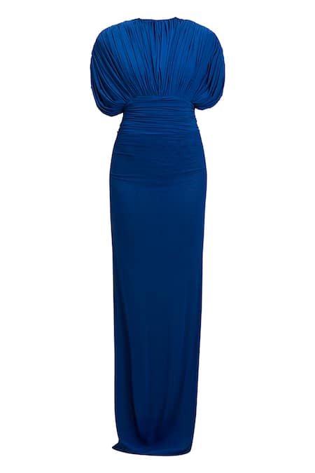 Deme By Gabriella Cobalt Net Round Neck Judy Malai Ruched Bodysuit And Skirt Set Online at Aza Fashions Deme By Gabriella_Cobalt Net Round Neck Judy Malai Ruched Bodysuit And Skirt Set _Online_at_Aza_Fashions