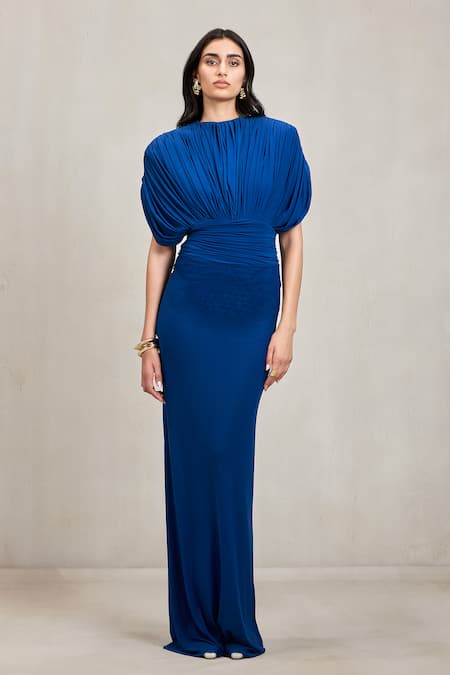 Buy Deme By Gabriella Cobalt Net Round Neck Judy Malai Ruched Bodysuit And Skirt Set Online at Aza Fashions Buy_Deme By Gabriella_Cobalt Net Round Neck Judy Malai Ruched Bodysuit And Skirt Set _Online_at_Aza_Fashions