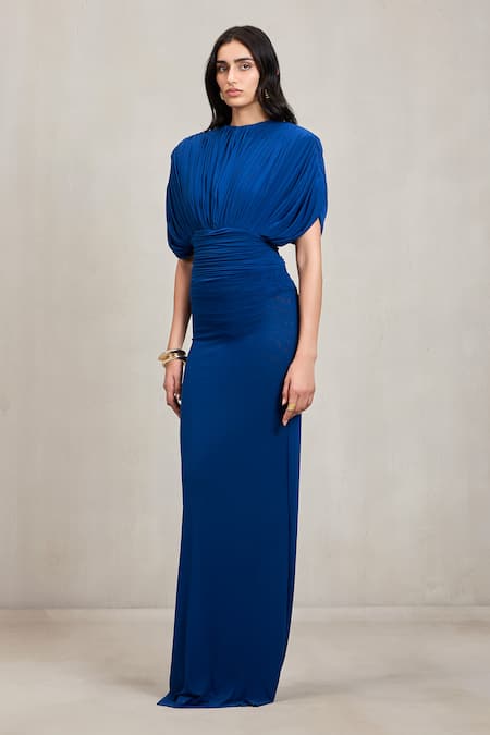 Deme By Gabriella Cobalt Net Round Neck Judy Malai Ruched Bodysuit And Skirt Set at Aza Fashions Deme By Gabriella_Cobalt Net Round Neck Judy Malai Ruched Bodysuit And Skirt Set _at_Aza_Fashions