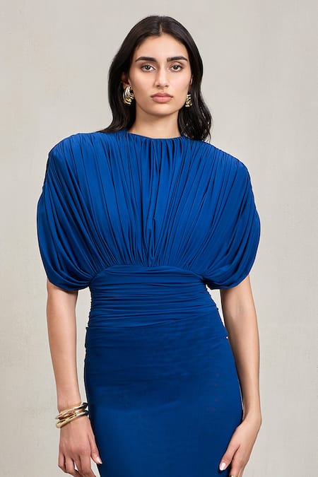 Buy Deme By Gabriella Cobalt Net Round Neck Judy Malai Ruched Bodysuit And Skirt Set Buy_Deme By Gabriella_Cobalt Net Round Neck Judy Malai Ruched Bodysuit And Skirt Set