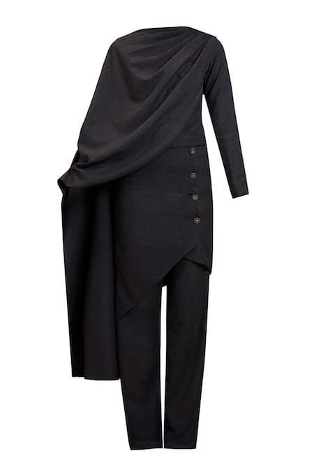 Deme By Gabriella Grey Wool, Suiting Cowl Neck, High Dawn Draped Top Pant Detachable Skirt Set Online at Aza Fashions Deme By Gabriella_Grey Wool, Suiting Cowl Neck, High Dawn Draped Top Pant Detachable Skirt Set _Online_at_Aza_Fashions