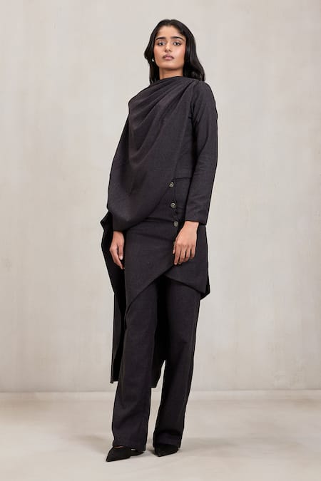 Buy Deme By Gabriella Grey Wool, Suiting Cowl Neck, High Dawn Draped Top Pant Detachable Skirt Set Online at Aza Fashions Buy_Deme By Gabriella_Grey Wool, Suiting Cowl Neck, High Dawn Draped Top Pant Detachable Skirt Set _Online_at_Aza_Fashions