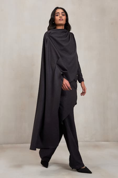 Deme By Gabriella Grey Wool, Suiting Cowl Neck, High Dawn Draped Top Pant Detachable Skirt Set at Aza Fashions Deme By Gabriella_Grey Wool, Suiting Cowl Neck, High Dawn Draped Top Pant Detachable Skirt Set _at_Aza_Fashions