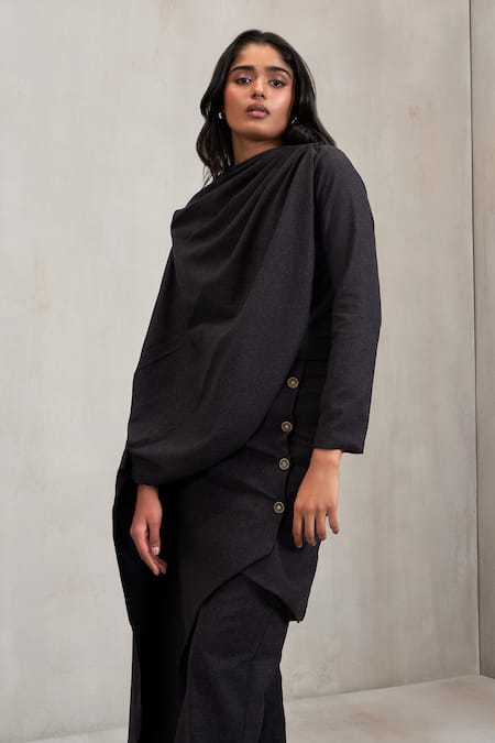 Shop Deme By Gabriella Grey Wool, Suiting Cowl Neck, High Dawn Draped Top Pant Detachable Skirt Set Shop_Deme By Gabriella_Grey Wool, Suiting Cowl Neck, High Dawn Draped Top Pant Detachable Skirt Set