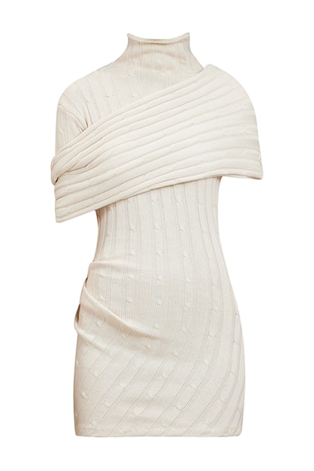 Deme By Gabriella Off White Knit High Neck Janine Cable Turtleneck Short Dress Online at Aza Fashions Deme By Gabriella_Off White Knit High Neck Janine Cable Turtleneck Short Dress _Online_at_Aza_Fashions