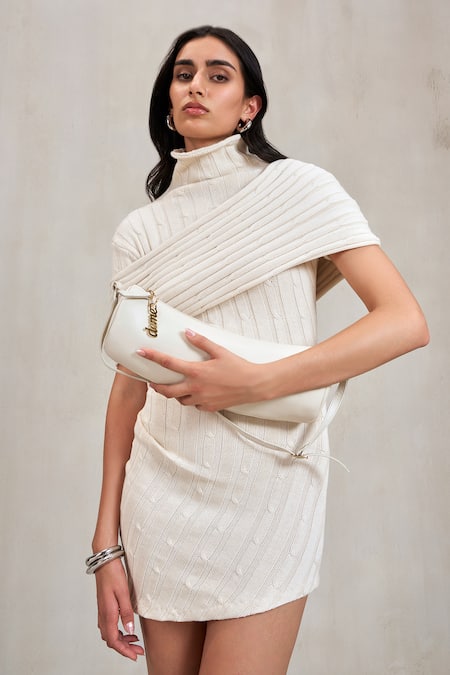 Shop Deme By Gabriella Off White Knit High Neck Janine Cable Turtleneck Short Dress Shop_Deme By Gabriella_Off White Knit High Neck Janine Cable Turtleneck Short Dress