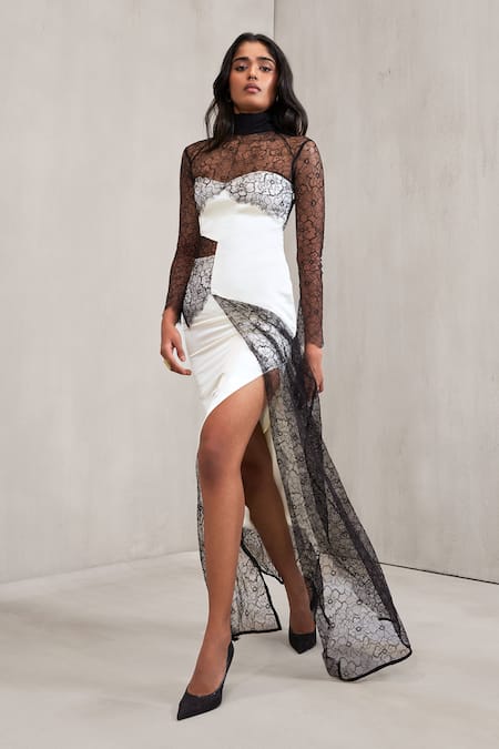Deme By Gabriella Off White , Satin High Neck Jill Asymmetric Top And Skirt Set Online at Aza Fashions Deme By Gabriella_Off White , Satin High Neck Jill Asymmetric Top And Skirt Set _Online_at_Aza_Fashions