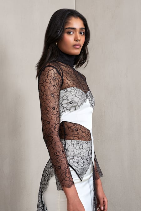 Shop Deme By Gabriella Off White , Satin High Neck Jill Asymmetric Top And Skirt Set Online at Aza Fashions Shop_Deme By Gabriella_Off White , Satin High Neck Jill Asymmetric Top And Skirt Set _Online_at_Aza_Fashions