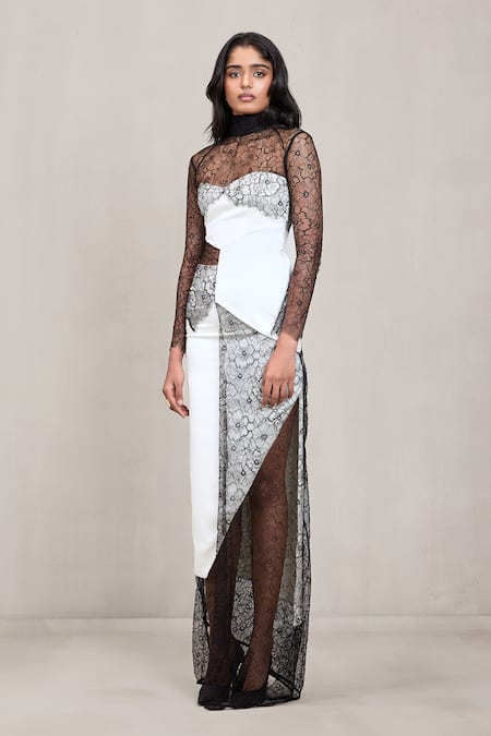 Buy Deme By Gabriella Off White , Satin High Neck Jill Asymmetric Top And Skirt Set Buy_Deme By Gabriella_Off White , Satin High Neck Jill Asymmetric Top And Skirt Set