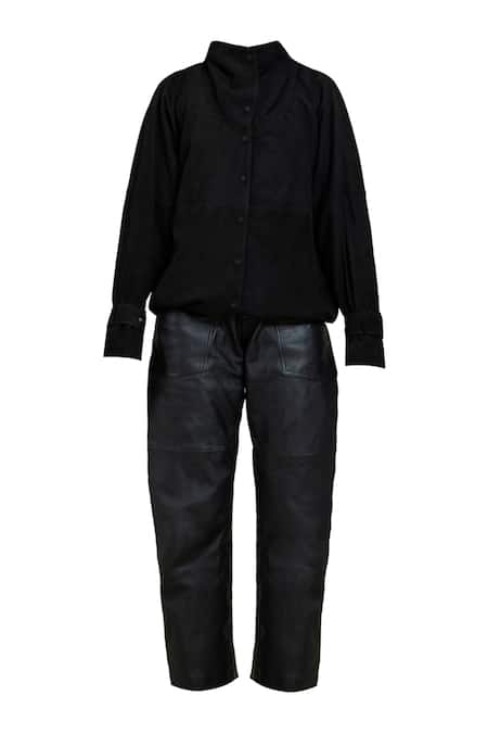 Deme By Gabriella_Black Leather, Suede High Neck Button Down _Online_at_Aza_Fashions