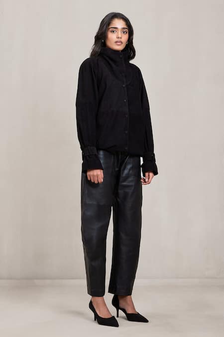 Shop_Deme By Gabriella_Black Leather, Suede High Neck Button Down _Online_at_Aza_Fashions