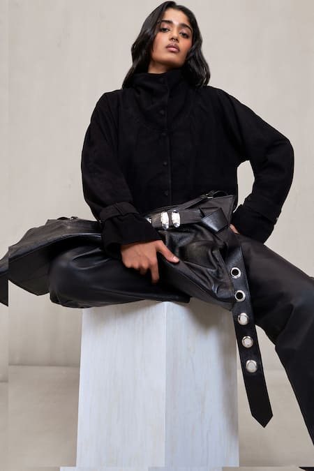 Buy_Deme By Gabriella_Black Leather, Suede High Neck Button Down 