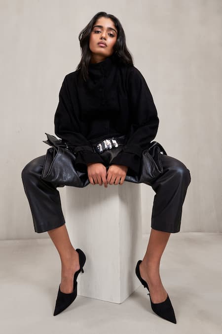 Deme By Gabriella Black Leather, Suede Pant Trouser at Aza Fashions Deme By Gabriella_Black Leather, Suede Pant Trouser _at_Aza_Fashions