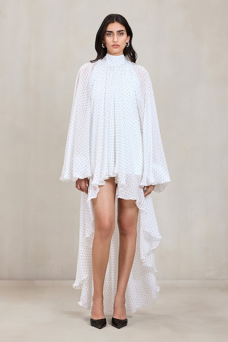 Buy Deme By Gabriella Off White Chiffon High Neck Paige Polka Dot High-low Dress Online at Aza Fashions Buy_Deme By Gabriella_Off White Chiffon High Neck Paige Polka Dot High-low Dress _Online_at_Aza_Fashions