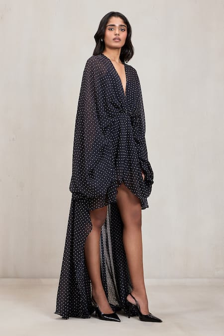 Buy Deme By Gabriella Black Chiffon V-neck Noelle Polka Dot High Low Dress Online at Aza Fashions Buy_Deme By Gabriella_Black Chiffon V-neck Noelle Polka Dot High Low Dress _Online_at_Aza_Fashions