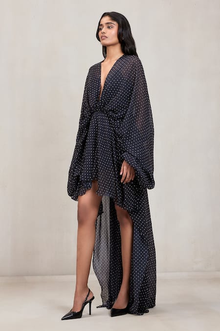 Shop Deme By Gabriella Black Chiffon V-neck Noelle Polka Dot High Low Dress Online at Aza Fashions Shop_Deme By Gabriella_Black Chiffon V-neck Noelle Polka Dot High Low Dress _Online_at_Aza_Fashions
