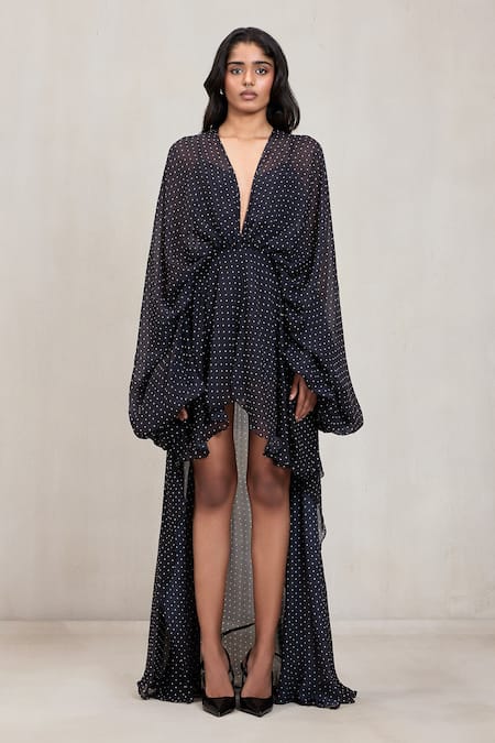 Deme By Gabriella Black Chiffon V-neck Noelle Polka Dot High Low Dress at Aza Fashions Deme By Gabriella_Black Chiffon V-neck Noelle Polka Dot High Low Dress _at_Aza_Fashions