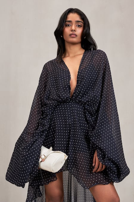 Buy Deme By Gabriella Black Chiffon V-neck Noelle Polka Dot High Low Dress Buy_Deme By Gabriella_Black Chiffon V-neck Noelle Polka Dot High Low Dress