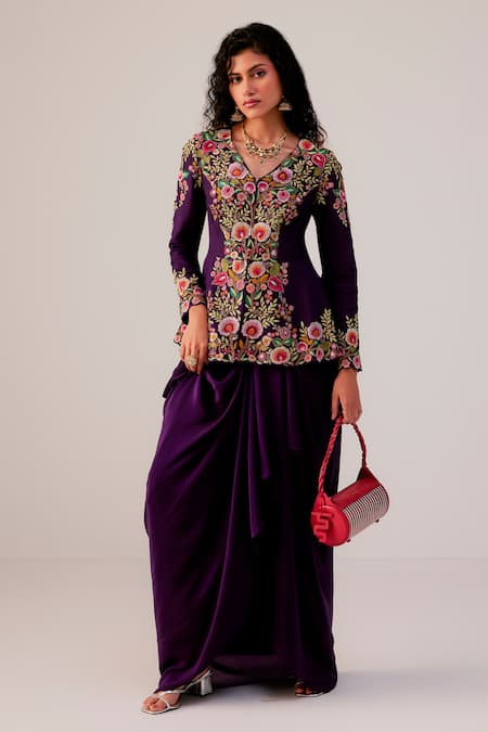 Rishi And Soujit Multicolor Thread Embroidered Peplum Top & Skirt 