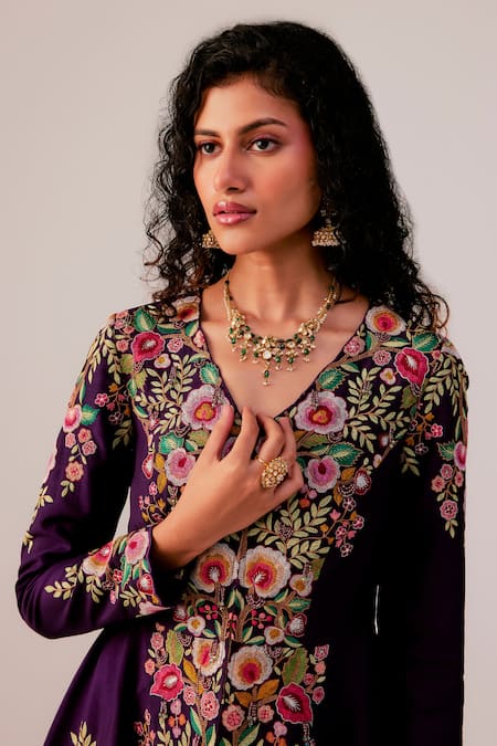 Rishi And Soujit_Purple Bemberg, Crepe Embroidery, Pearls Multicolor Thread Peplum Top And Skirt _Online_at_Aza_Fashions