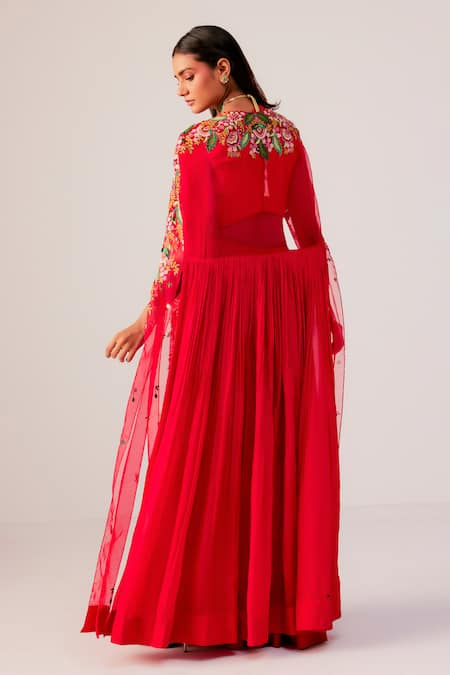 Rishi And Soujit Floral Embroidered Draped Saree & Cape Set 