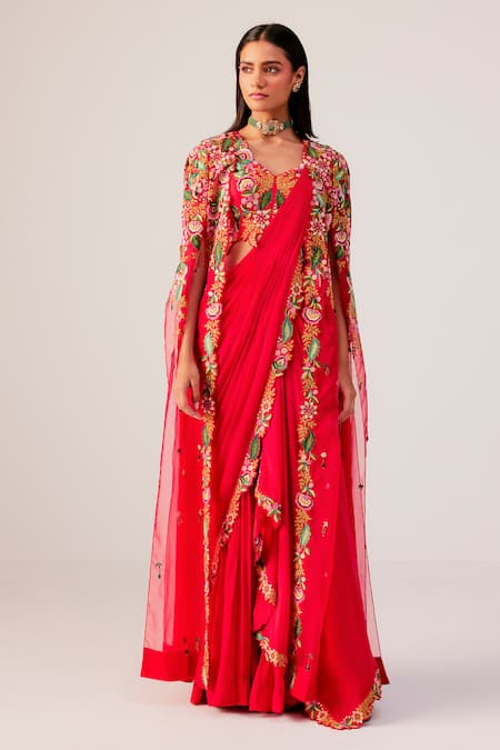 Rishi And Soujit Floral Embroidered Draped Saree & Cape Set 