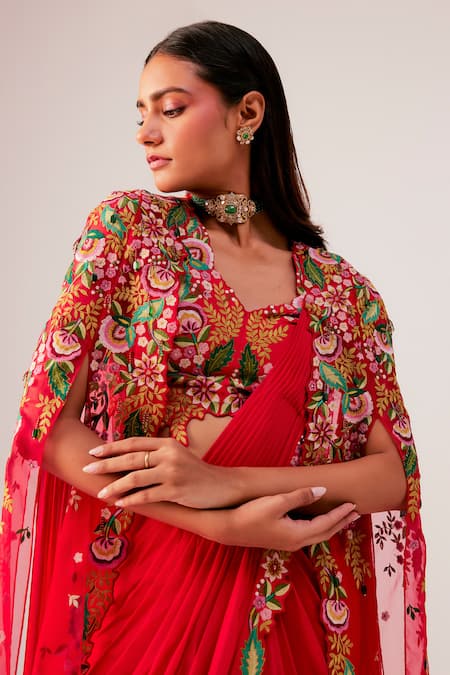 Buy_Rishi And Soujit_Red Bemberg, Crepe, Organza Embroidery, Pearls Floral Draped Saree And Cape Set _Online_at_Aza_Fashions