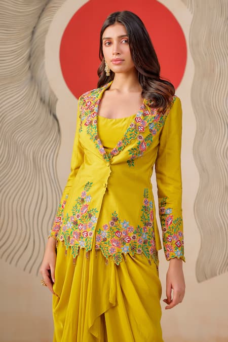 Buy_Rishi And Soujit_Yellow Bemberg, Crepe Embroidery, Pearls Sweetheart Blazer And Draped Skirt Set _Online_at_Aza_Fashions