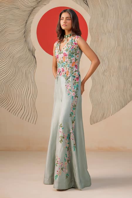 Rishi And Soujit Floral Thread & Pearl Embroidered Waistcoat Pant Set 