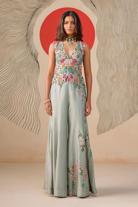 Rishi And Soujit Floral Thread & Pearl Embroidered Waistcoat Pant Set 