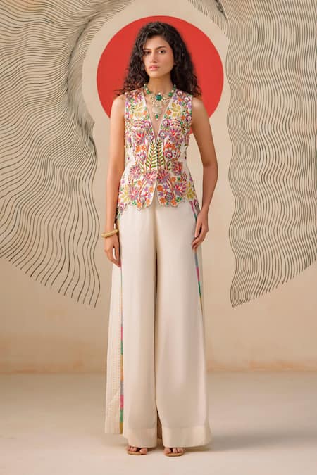Rishi And Soujit Multicolour Thread Embroidered Jacket & Flared Pant 