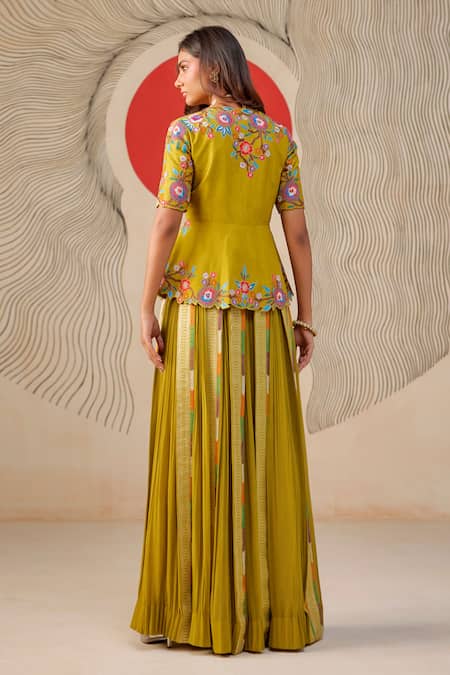 Rishi And Soujit Floral Embroidered Peplum Top & Sharara Set 
