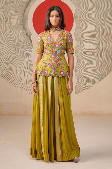 Rishi And Soujit_Lime Bemberg, Georgette Embroidery V-neck Floral Peplum Top And Sharara Set _Online_at_Aza_Fashions