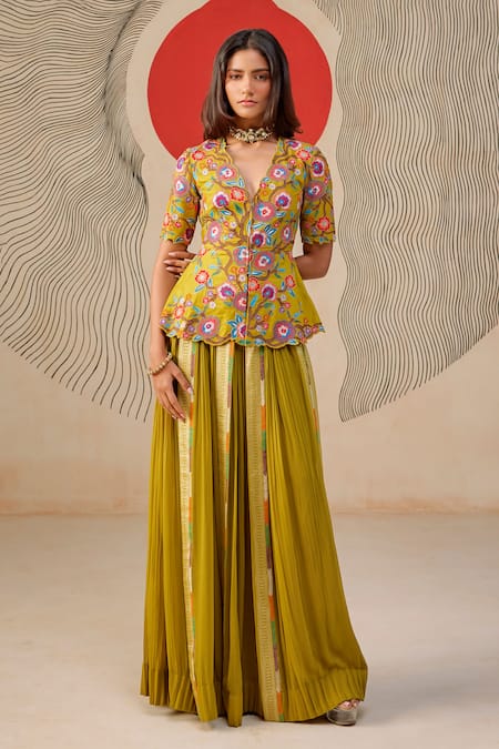 Rishi And Soujit Floral Embroidered Peplum Top & Sharara Set 