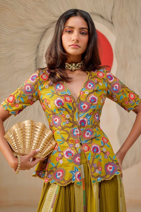 Buy_Rishi And Soujit_Lime Bemberg, Georgette Embroidery V-neck Floral Peplum Top And Sharara Set _Online_at_Aza_Fashions