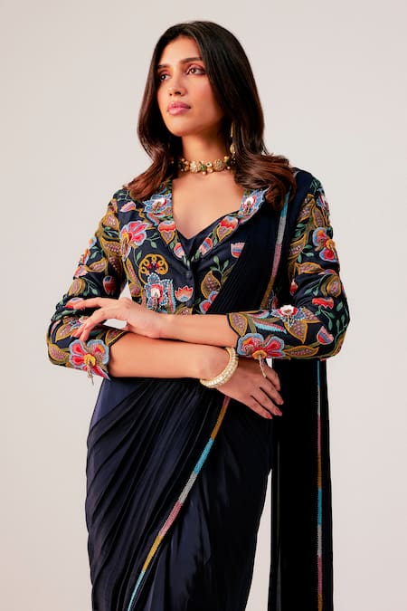 Buy_Rishi And Soujit_Navy Bemberg, Crepe, Silk Embroidery, Pearls Thread Draped Saree And Blouse _Online_at_Aza_Fashions