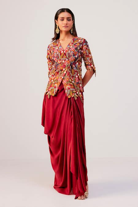 Rishi And Soujit Floral Embroidered Wrap Top & Drape Skirt Set 