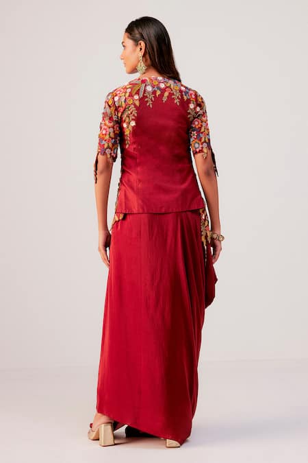 Rishi And Soujit Floral Embroidered Wrap Top & Drape Skirt Set 