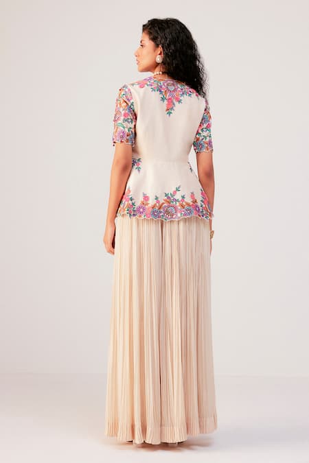 Rishi And Soujit Floral Embroidered Peplum Top & Flared Pant Set 