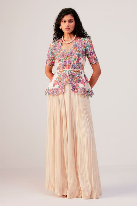 Rishi And Soujit Floral Embroidered Peplum Top & Flared Pant Set 