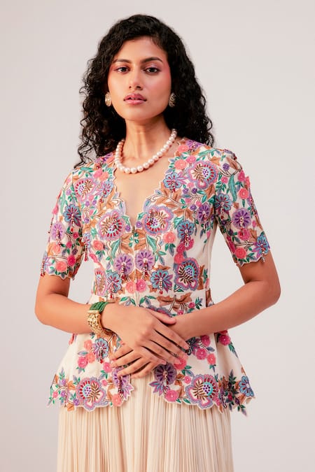 Rishi And Soujit_Ivory Bemberg, Crepe Embroidery, Pearls Floral Peplum Top And Flared Pant Set _Online_at_Aza_Fashions