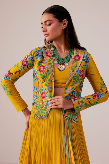 Rishi And Soujit_Yellow Bemberg, Georgette, Silk Embroidery, Pearls Floral Jacket And Lehenga Set _Online_at_Aza_Fashions