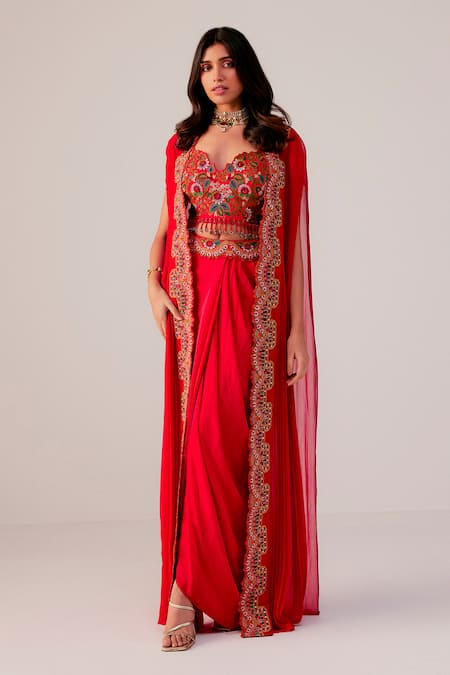 Rishi And Soujit Multicolour Thread Embroidered Bustier Drape Skirt & Cape 