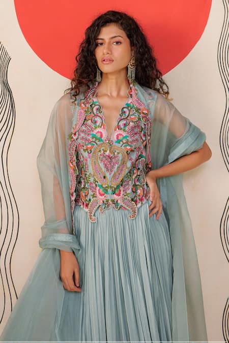 Buy_Rishi And Soujit_Blue Bemberg, Crepe, Organza Embroidery, Paisley Waistcoat Lehenga And Dupatta _Online_at_Aza_Fashions