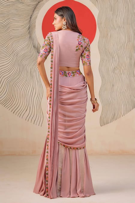 Rishi And Soujit Floral Embroidered Pre-Draped Saree & Blouse 