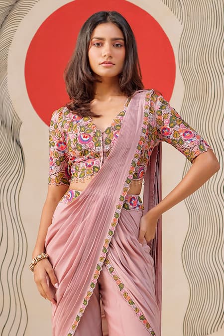 Buy_Rishi And Soujit_Pink Bemberg, Crepe Embroidery, Pearls V-neck Floral Pre-draped Saree And Blouse _Online_at_Aza_Fashions