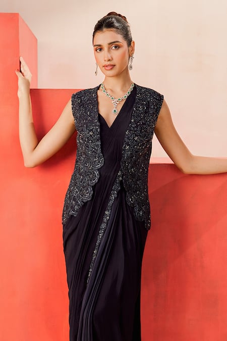 Buy_Rishi And Soujit_Navy Crepe Beads, Embroidery High Neck, Hand Pre-draped Saree Set _Online_at_Aza_Fashions