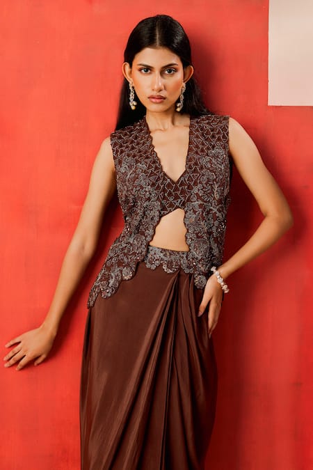 Buy_Rishi And Soujit_Chocolate Crepe Beads, Embroidery V-neck Hand Jacket And Draped Skirt Set _Online_at_Aza_Fashions